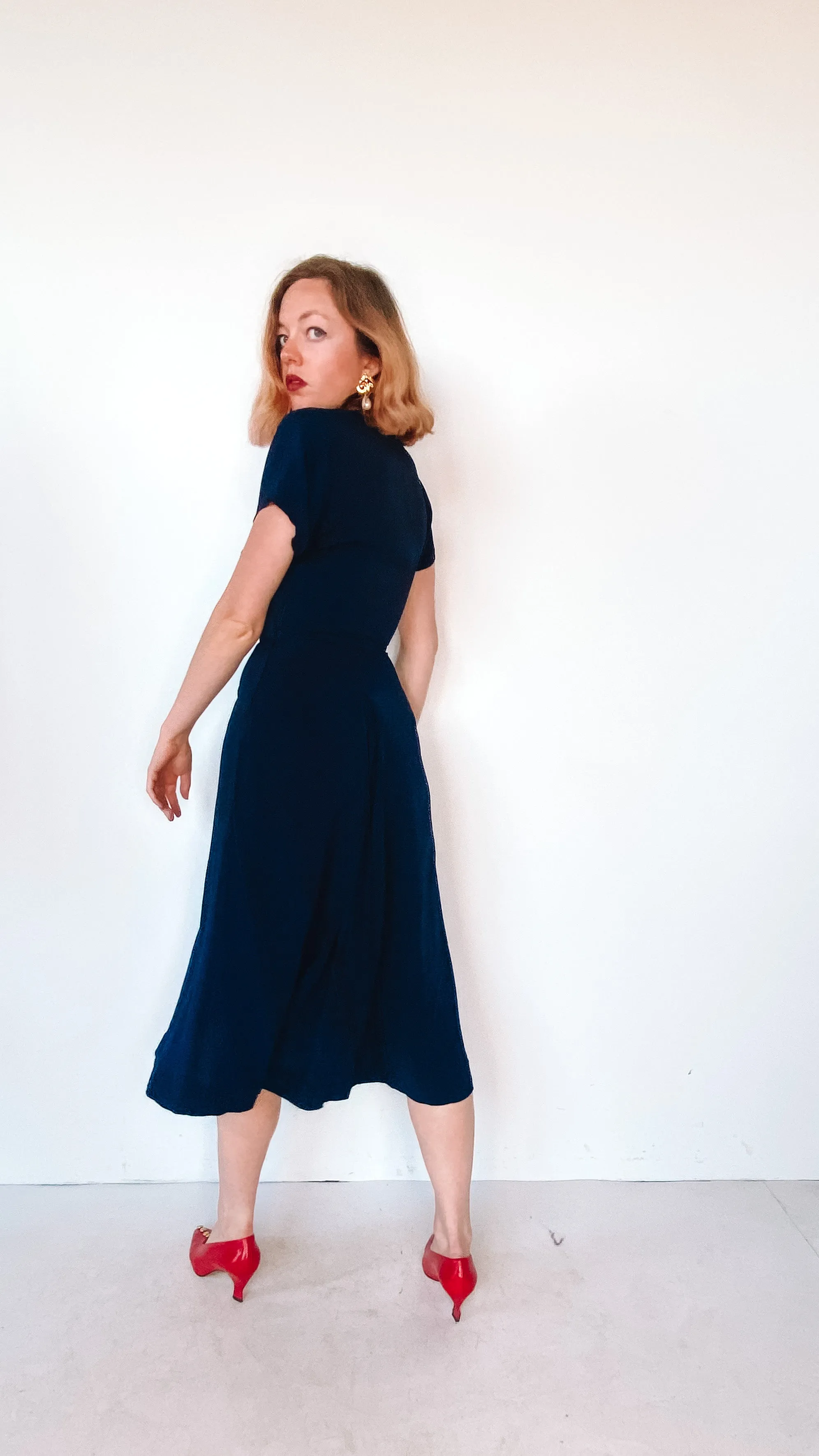 1940s Navy Dress with Lace Collar, sz. XS