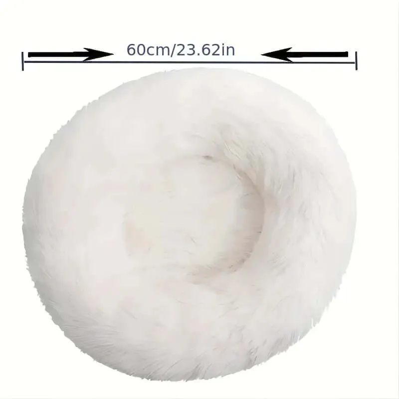 White Round Fluffy Pet Bed - Plush Comfort for Cats and Dogs