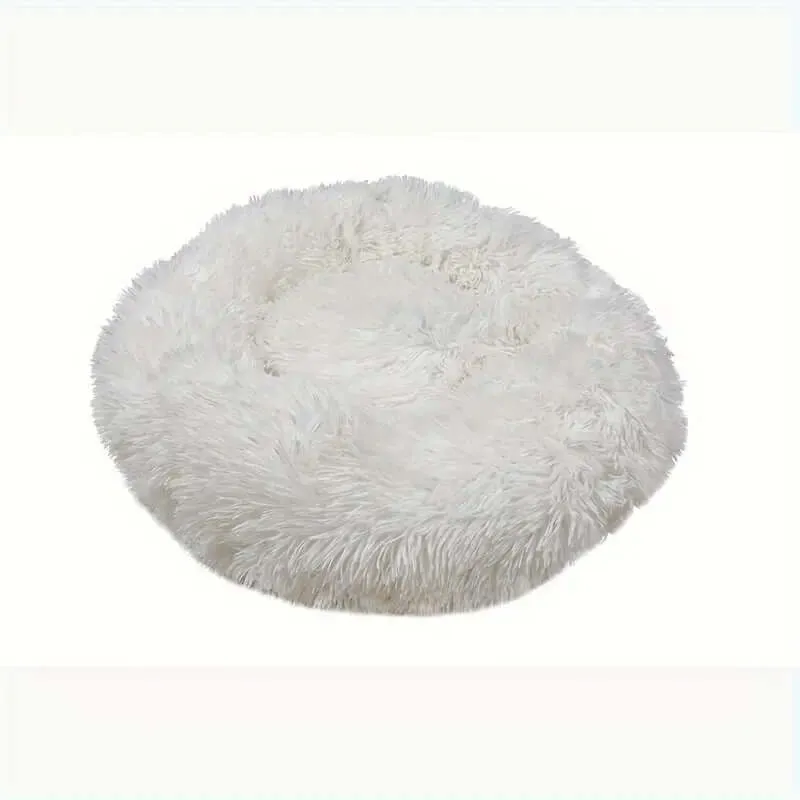 White Round Fluffy Pet Bed - Plush Comfort for Cats and Dogs